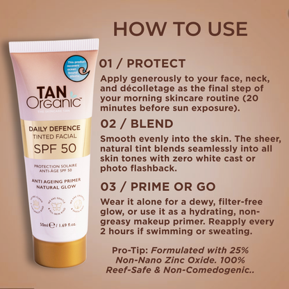 TanOrganic SPF 50 Daily Defence Tinted Facial Sunscreen - 50ml